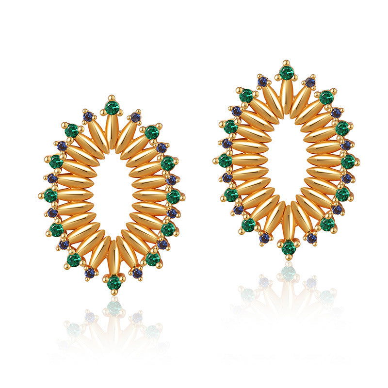 Vintage Green Cubic Zirconia Oval Openwork Earrings - Herland -