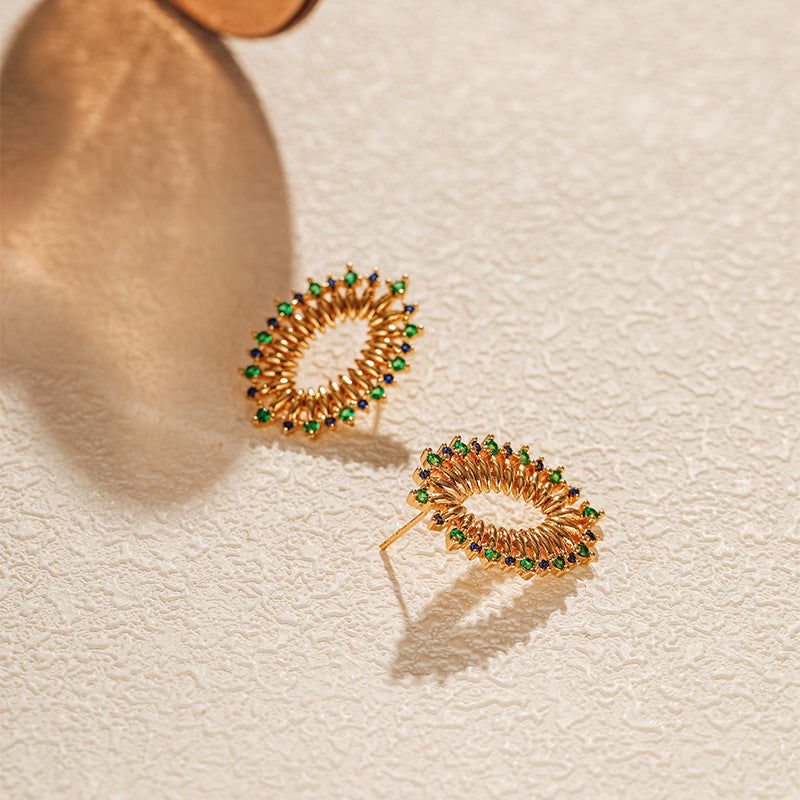 Vintage Green Cubic Zirconia Oval Openwork Earrings - Herland -