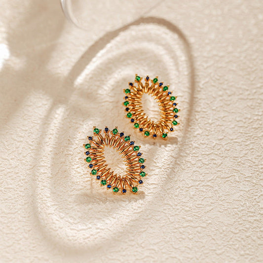 Vintage Green Cubic Zirconia Oval Openwork Earrings - Herland - 