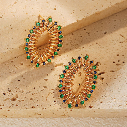 Vintage Green Cubic Zirconia Oval Openwork Earrings - Herland - 